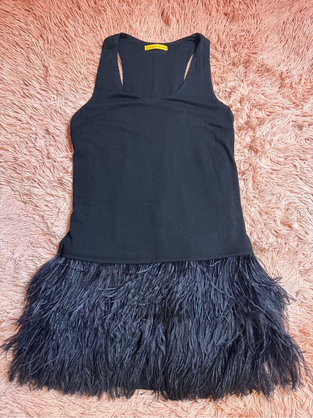 NWOT Alice + Olivia Feather Trim Sleeveless Mini Dress. Size S - Picture 3 of 10